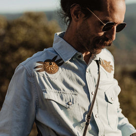 fit model wearing The Embroidered Western Shirt in Washed Selvage