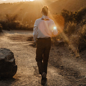 fit model walking on a sunny trail in The Embroidered Western Shirt in Washed Selvage