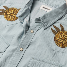 material shot of the front yokes and buttons on The Embroidered Western Shirt in Washed Selvage