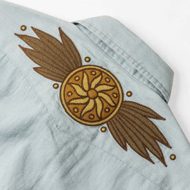 material shot of the back embroidered yoke on The Embroidered Western Shirt in Washed Selvage