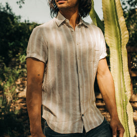 fit model standing in The Short Sleeve California in Dusty Rose Stripe