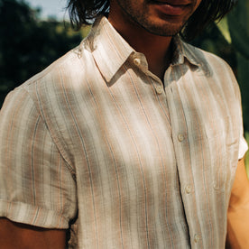 fit model showing close up of The Short Sleeve California in Dusty Rose Stripe