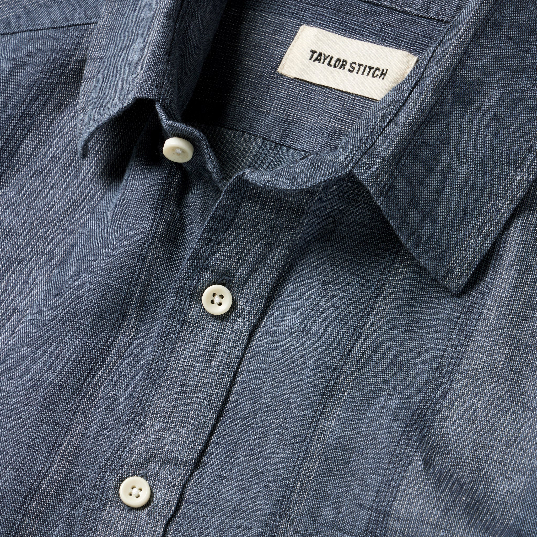 material shot of the collar of The Short Sleeve California in Dusk Stripe, Wovens by Taylor Stitch