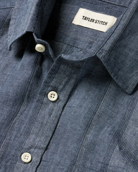 material shot of the collar of The Short Sleeve California in Dusk Stripe, Wovens by Taylor Stitch