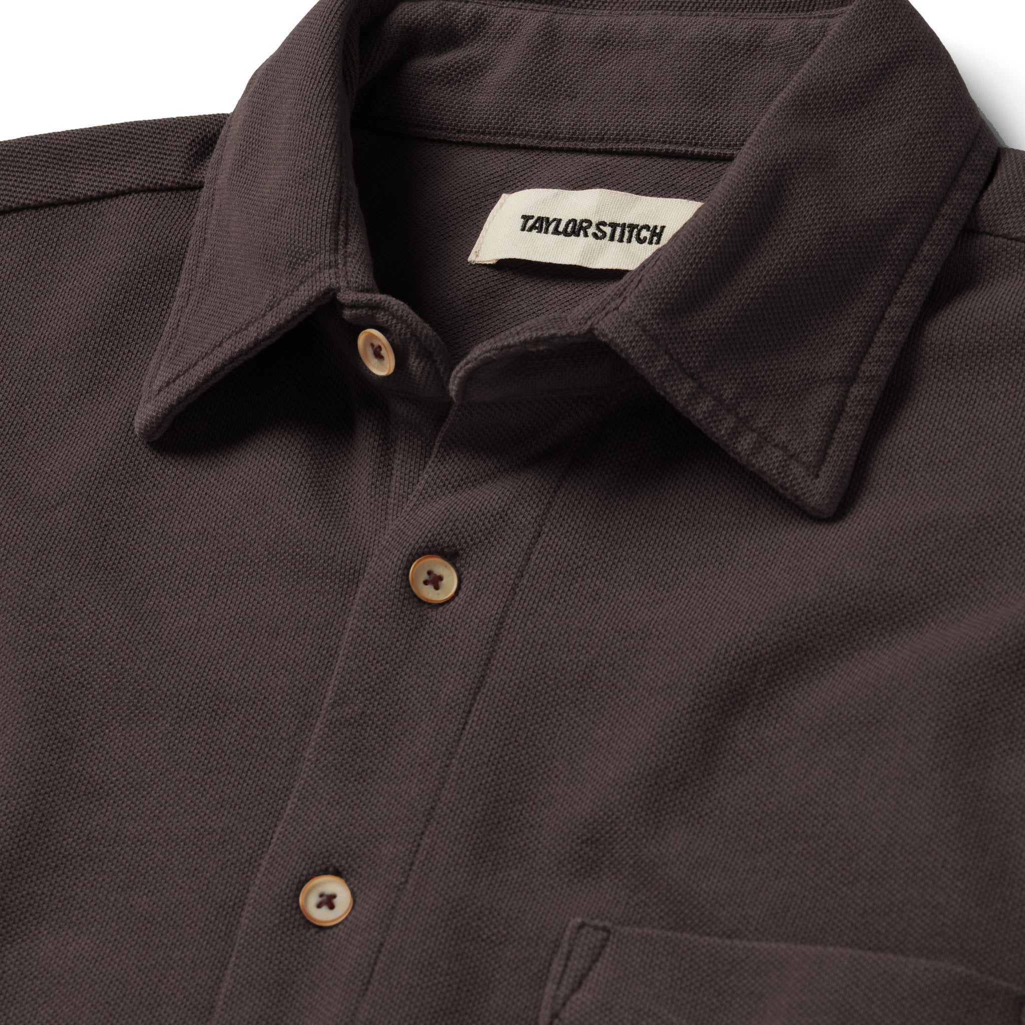 material shot of the collar on The Short Sleeve California in Espresso Pique, Wovens by Taylor Stitch