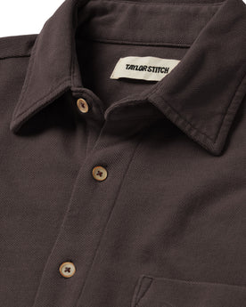 material shot of the collar on The Short Sleeve California in Espresso Pique, Wovens by Taylor Stitch