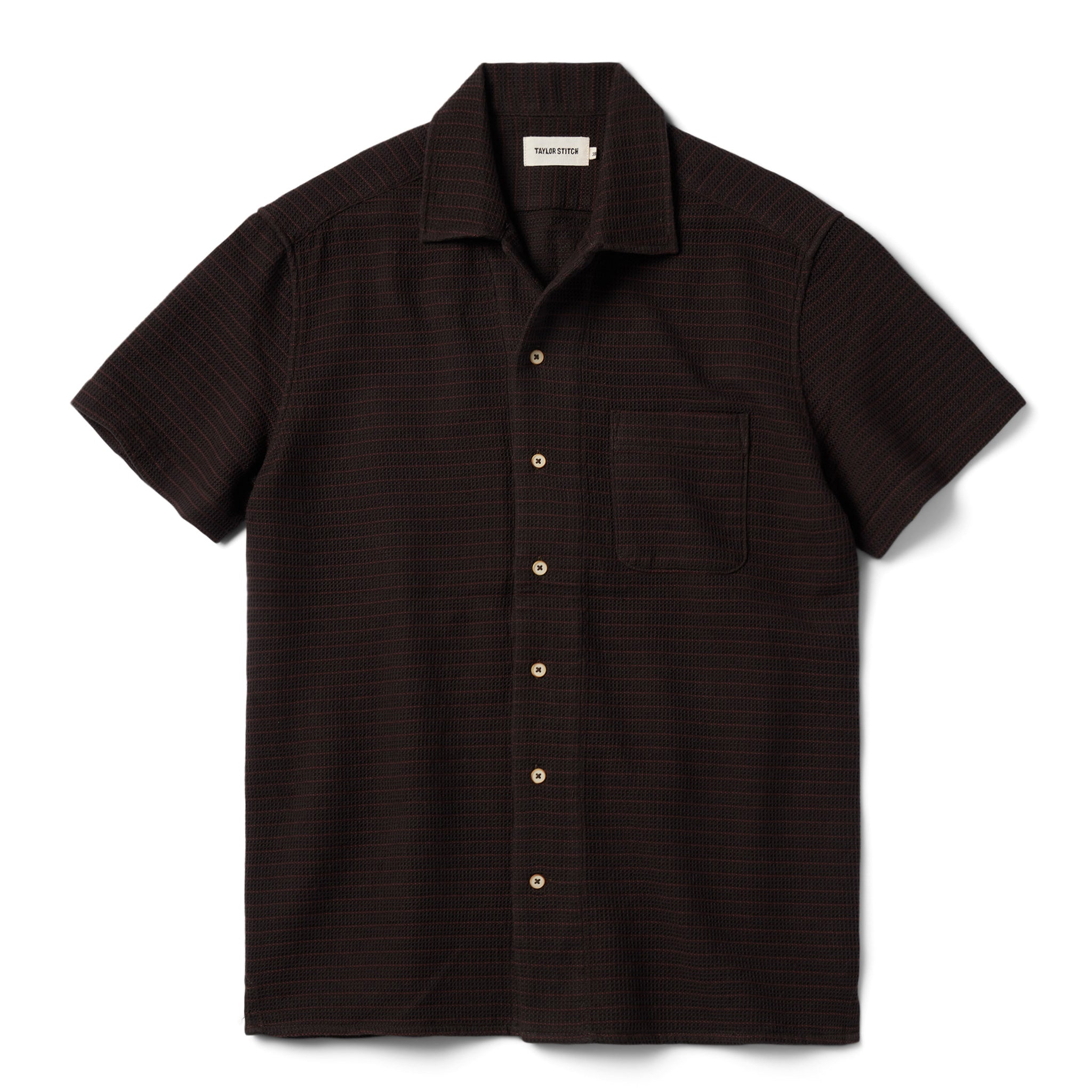 flatlay of The Short Sleeve Hawthorne in Espresso Pickstitch Waffle, Wovens by Taylor Stitch