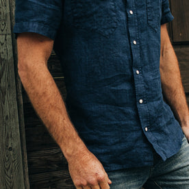 fit model showing the front of The Short Sleeve Western in Indigo Linen
