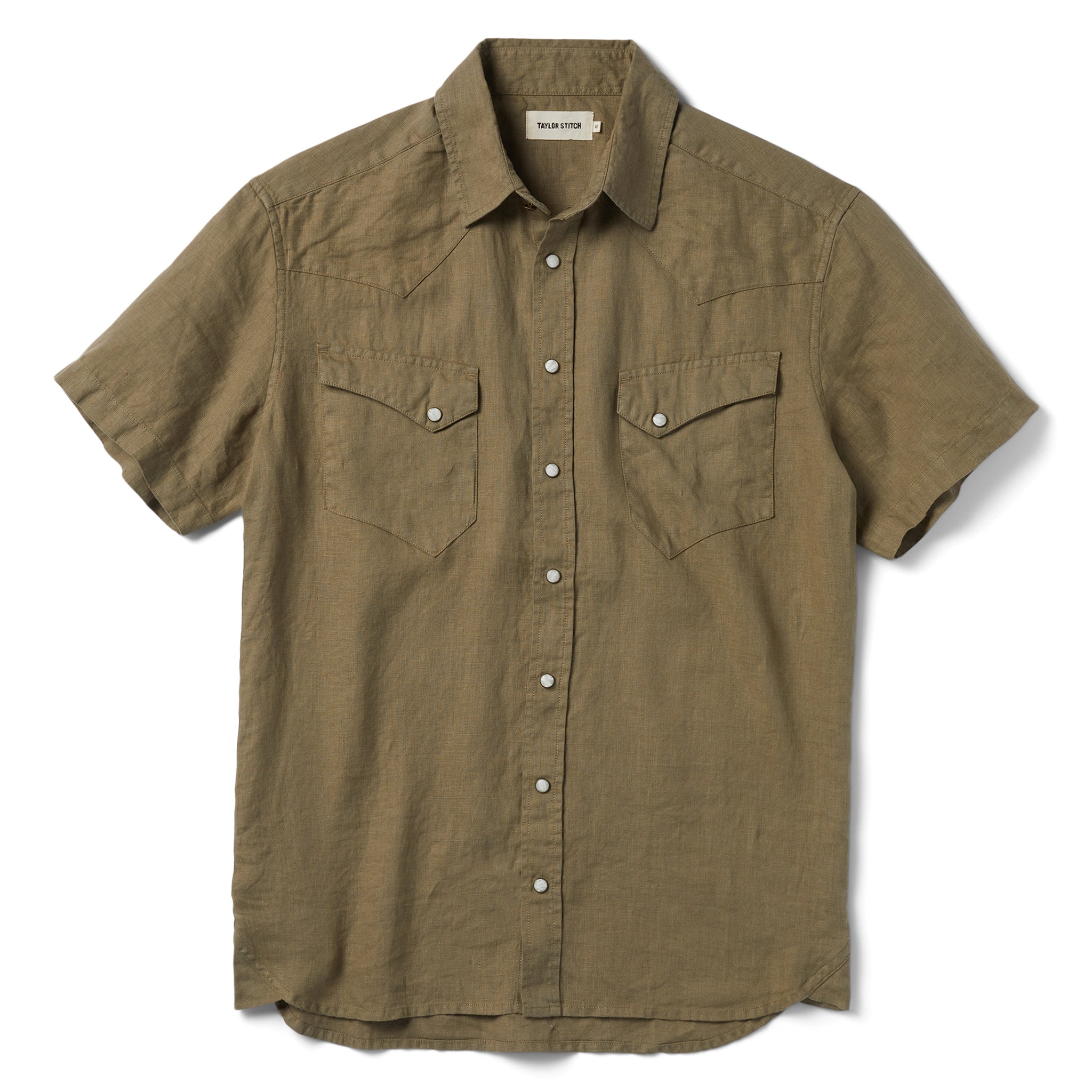 flatlay of The Short Sleeve Western in Olive Linen, Wovens by Taylor Stitch
