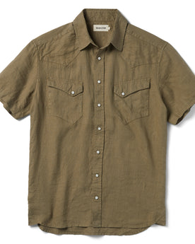flatlay of The Short Sleeve Western in Olive Linen, Wovens by Taylor Stitch