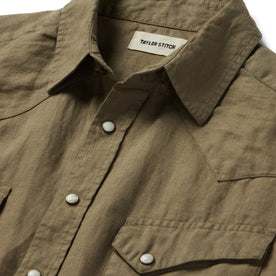 material shot of the collar and front yoke on The Short Sleeve Western in Olive Linen