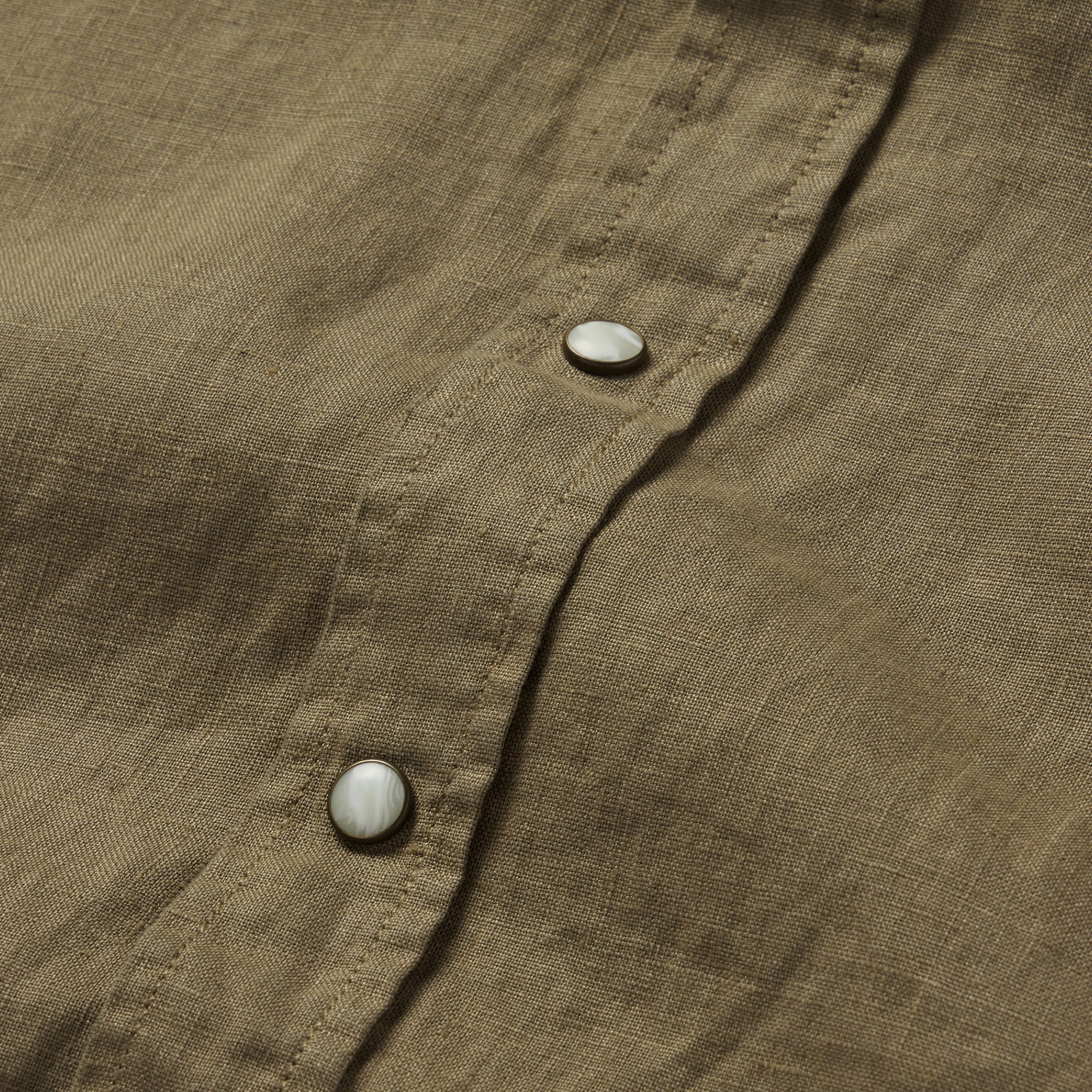 material shot of the buttons on The Short Sleeve Western in Olive Linen, Wovens by Taylor Stitch