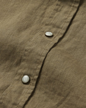 material shot of the buttons on The Short Sleeve Western in Olive Linen, Wovens by Taylor Stitch