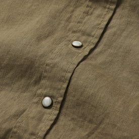 material shot of the buttons on The Short Sleeve Western in Olive Linen