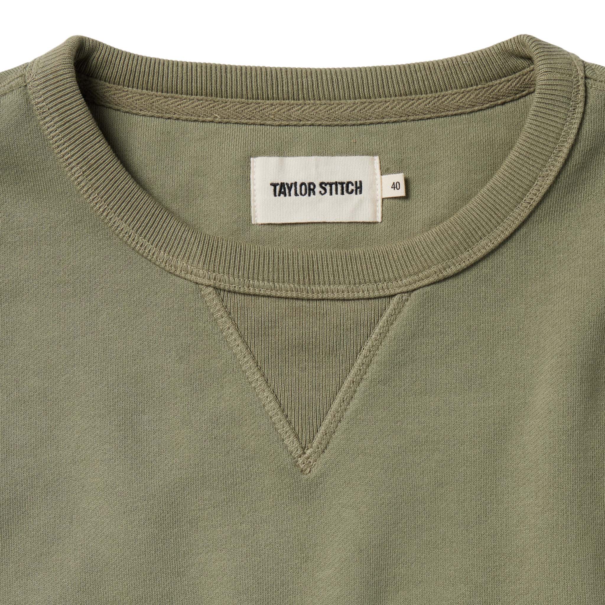 material shot of the ribbed collar on The Short Sleeve Fillmore Crew in Olive, Knits by Taylor Stitch