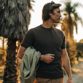 fit model wearing The Short Sleeve Fillmore Crew in Walnut