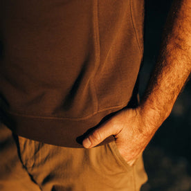 fit model showing the ribbed hem detail on The Short Sleeve Fillmore Crew in Walnut