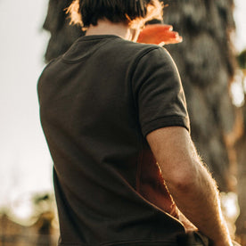 fit model showing the back of The Short Sleeve Fillmore Crew in Walnut