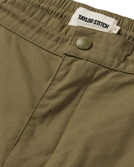 material shot of the button fly on The Adventure Short in Olive, Bottoms by Taylor Stitch