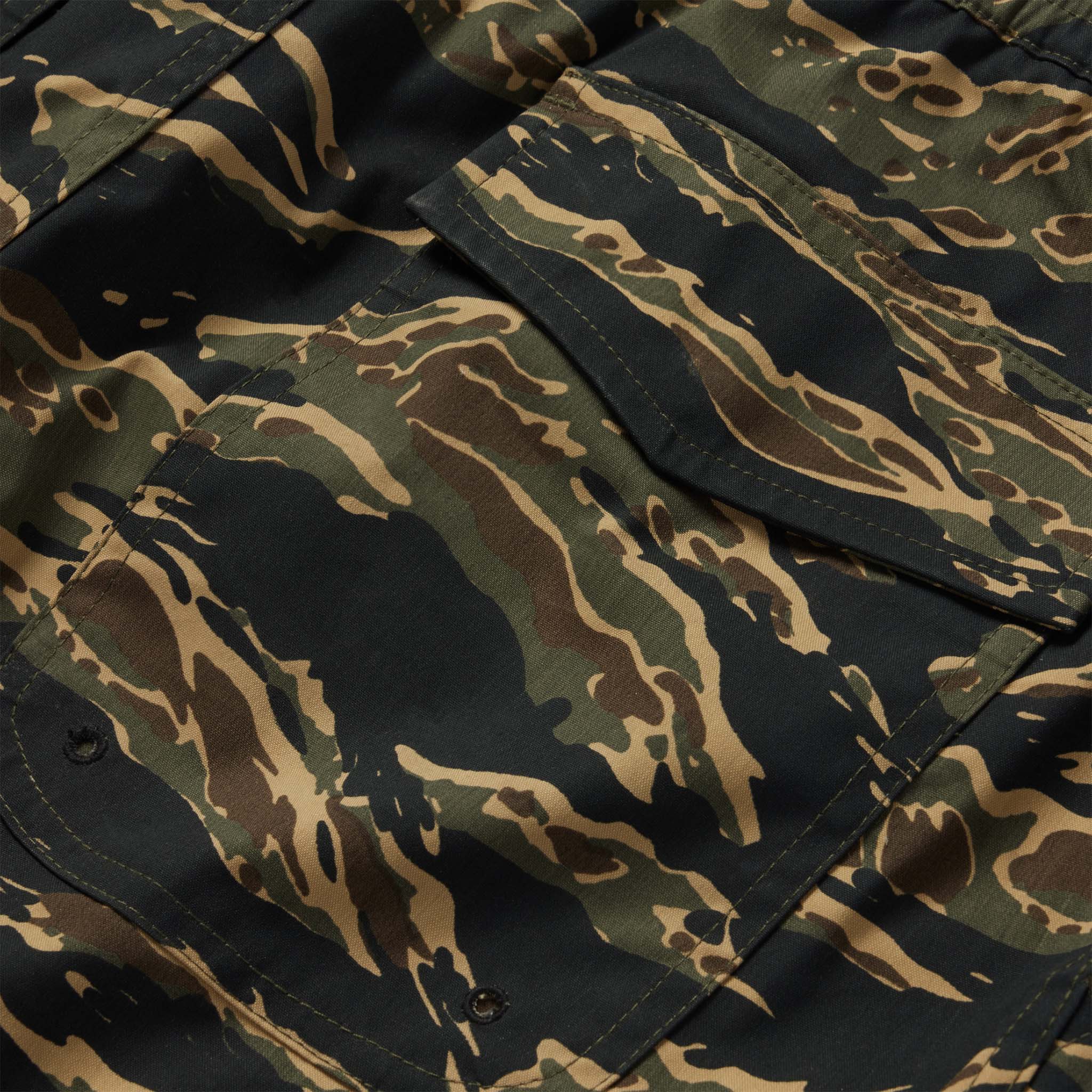 material shot of the back pocket of The Adventure Short in Tiger Camo, Bottoms by Taylor Stitch
