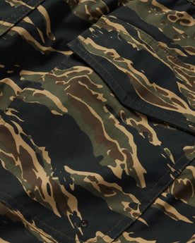 material shot of the back pocket of The Adventure Short in Tiger Camo, Bottoms by Taylor Stitch