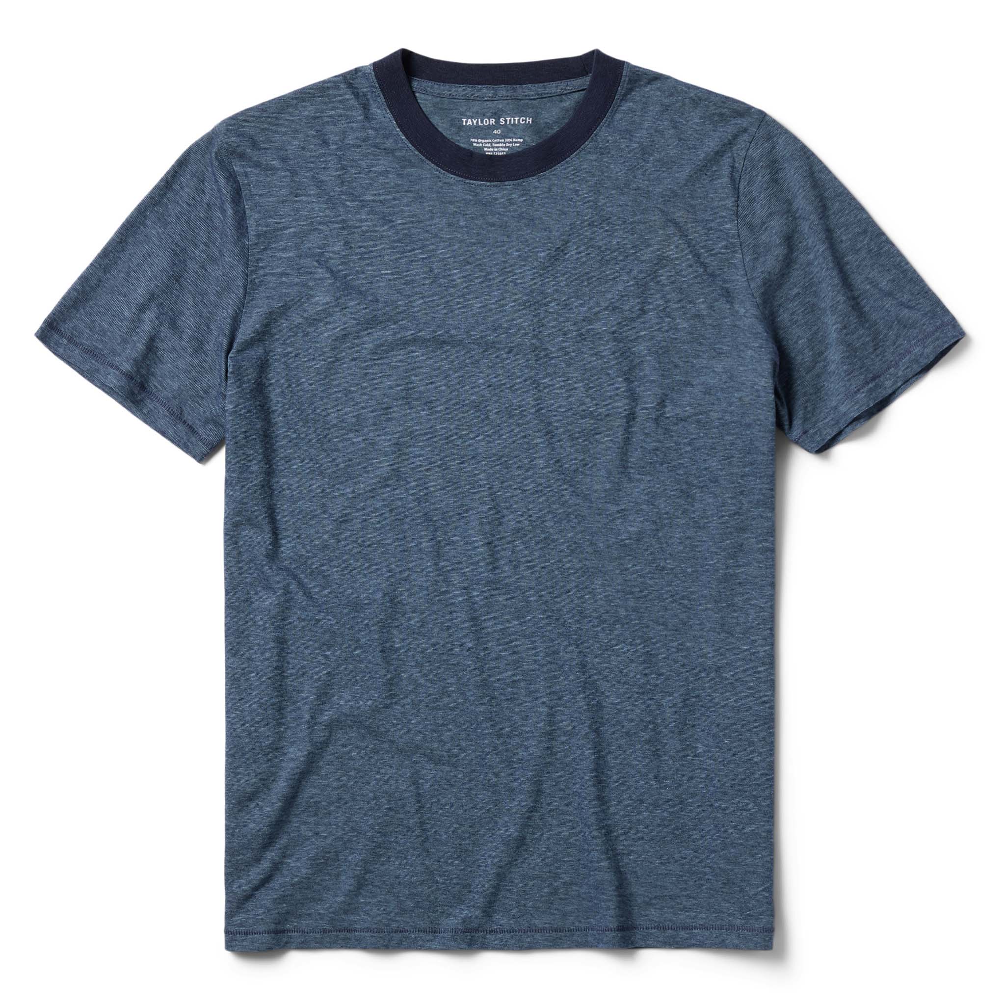 flatlay of The Cotton Hemp Tee in Slate and Navy Stripe, Knits by Taylor Stitch