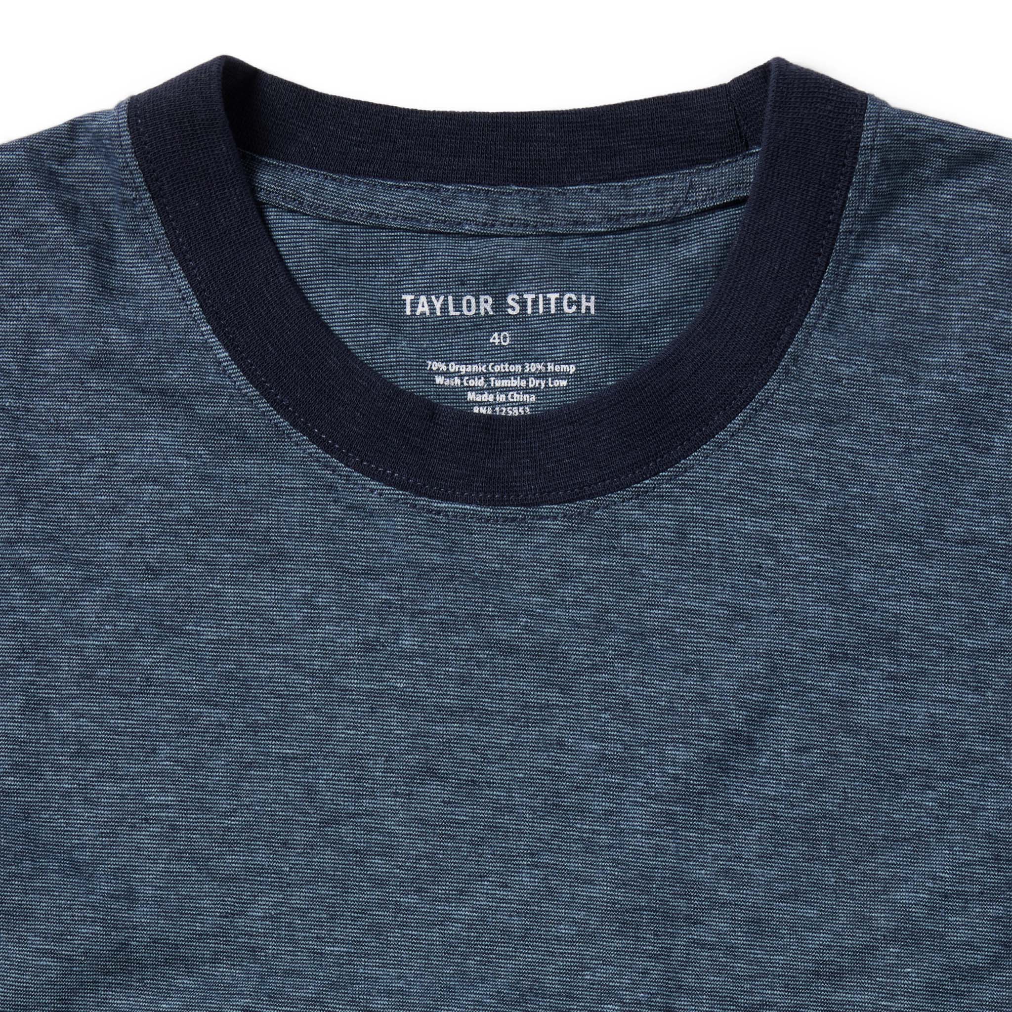material shot of the collar on The Cotton Hemp Tee in Slate and Navy Stripe, Knits by Taylor Stitch