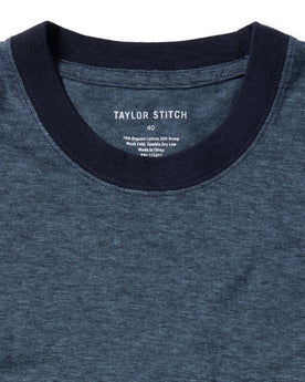 material shot of the collar on The Cotton Hemp Tee in Slate and Navy Stripe, Knits by Taylor Stitch