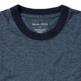 material shot of the collar on The Cotton Hemp Tee in Slate and Navy Stripe