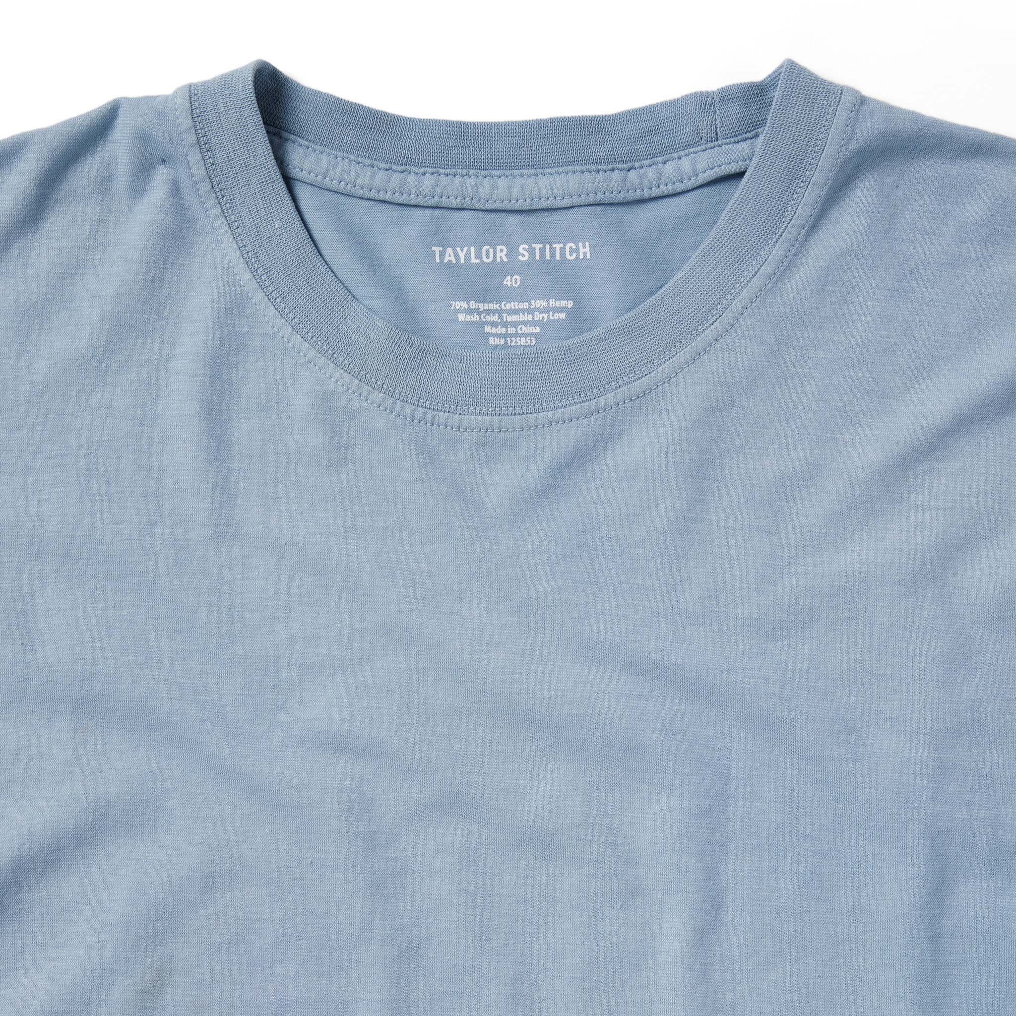 material shot of the collar of The Cotton Hemp Tee in Ocean, Knits by Taylor Stitch