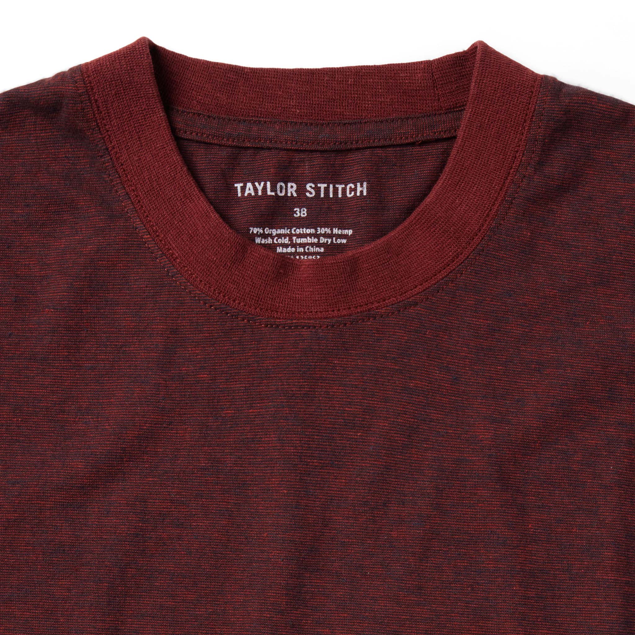 material shot of the collar of The Cotton Hemp Tee in Rust and Navy Stripe, Knits by Taylor Stitch