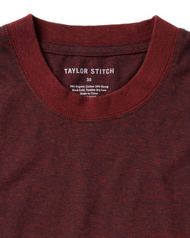 material shot of the collar of The Cotton Hemp Tee in Rust and Navy Stripe, Knits by Taylor Stitch