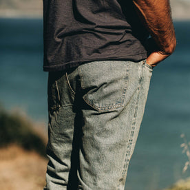 fit model showing back of The Democratic Jean in 24-Month Japanese Selvage