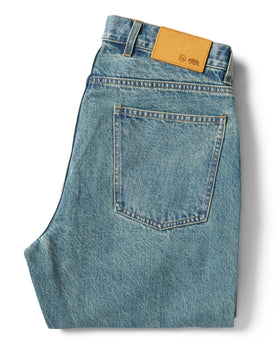 flatlay of the back of The Democratic Jean in 24-Month Japanese Selvage folded, Bottoms by Taylor Stitch