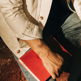 fit model showing the sleeves on The Dispatch Jacket in Natural