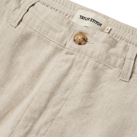 material shot of the button closure on The Easy Pant in Natural Herringbone