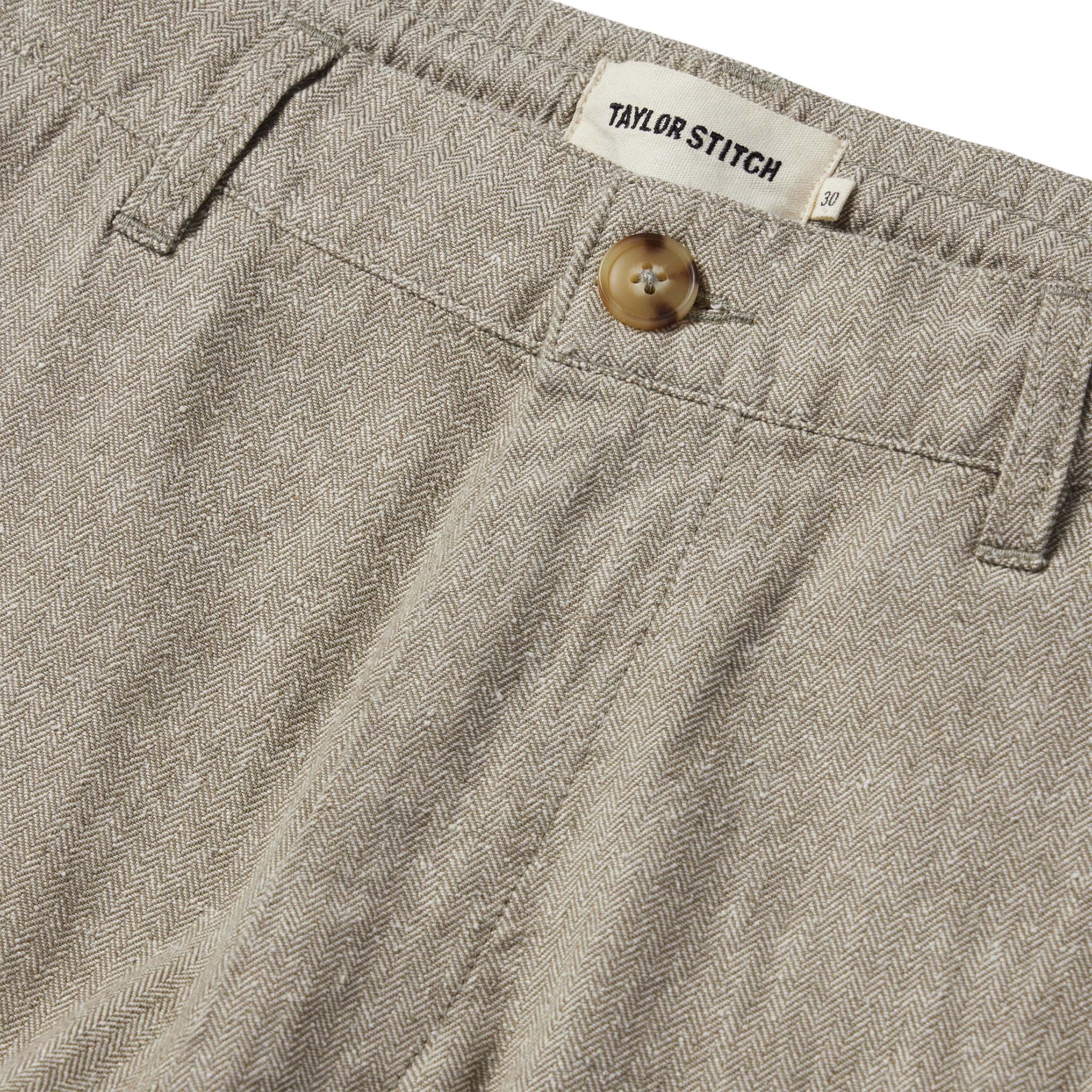 material shot of the button closure on The Easy Pant in Olive Herringbone, Bottoms by Taylor Stitch
