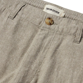 material shot of the button closure on The Easy Pant in Olive Herringbone