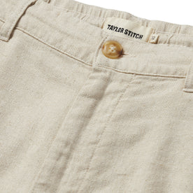 material shot of the button fly on The Easy Short in Natural Herringbone