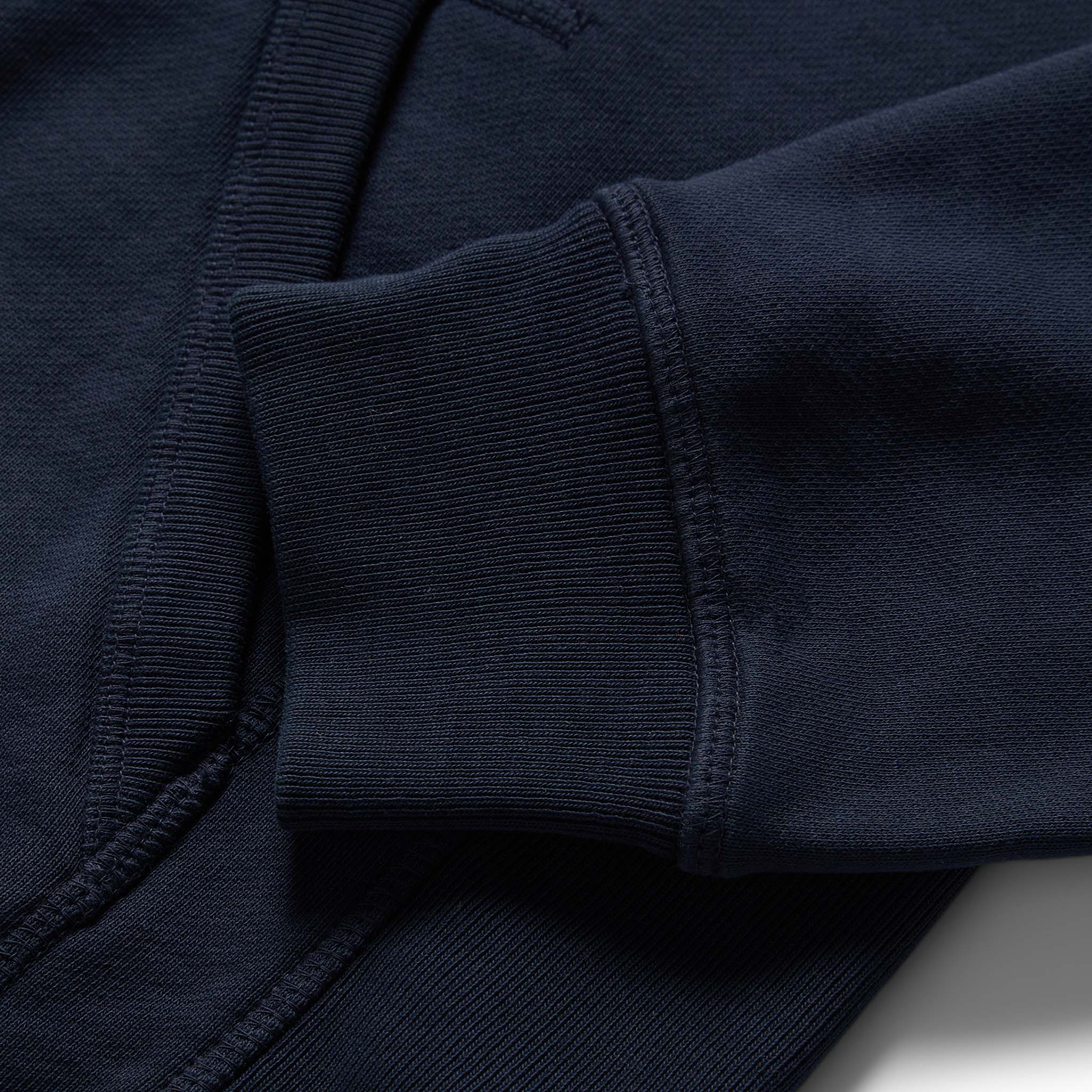 material shot of the ribbed cuffs on The Fillmore Hoodie in Dark Navy, Knits by Taylor Stitch