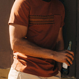fit model showing the front of The Heavy Bag Tee in Dusty Rose Embroidered Stripe