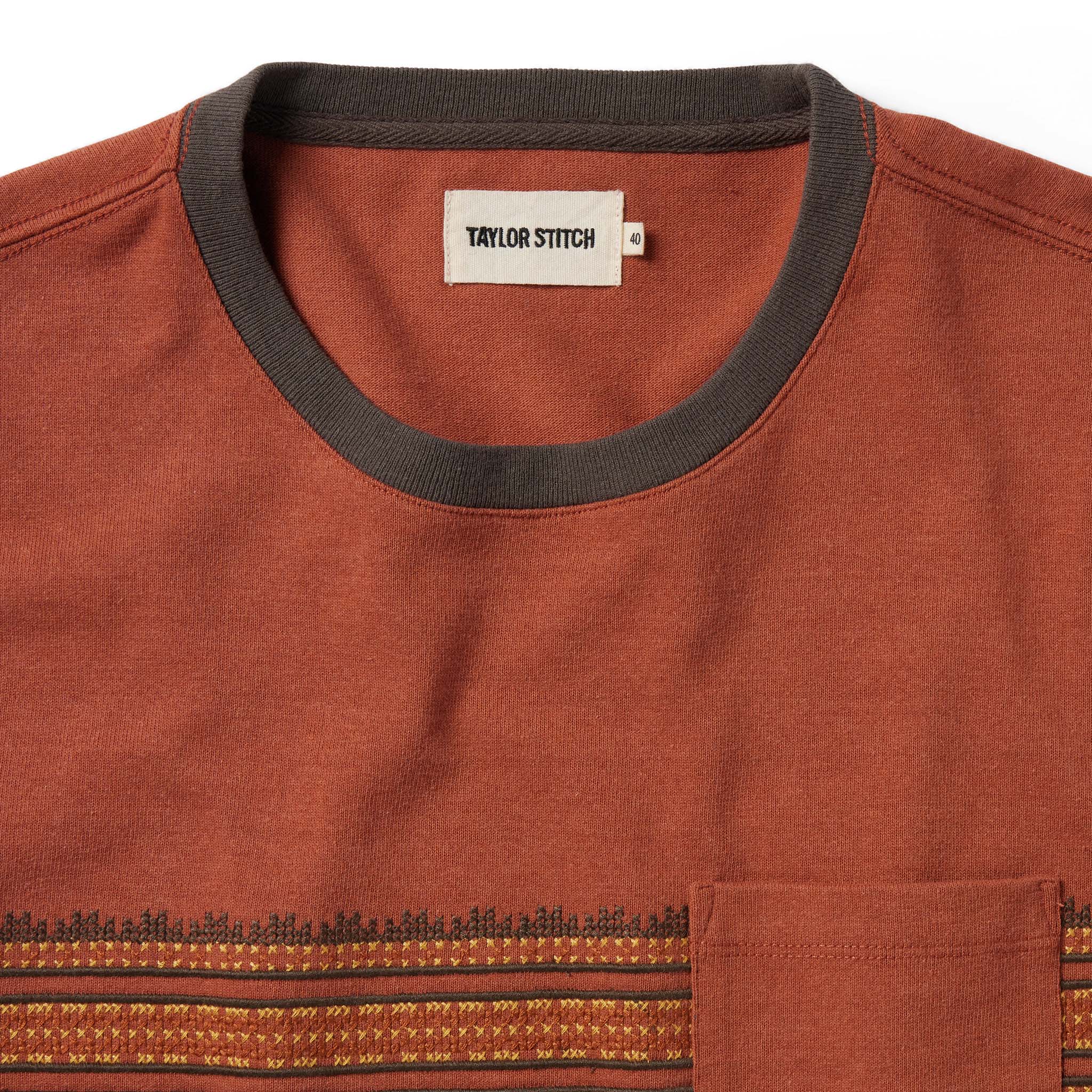 material shot of the front of The Heavy Bag Tee in Dusty Rose Embroidered Stripe, Knits by Taylor Stitch