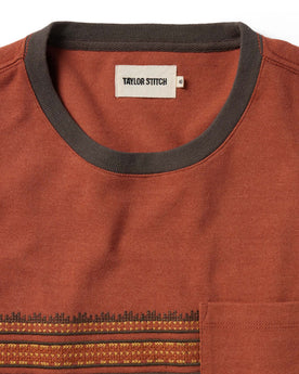 material shot of the front of The Heavy Bag Tee in Dusty Rose Embroidered Stripe, Knits by Taylor Stitch