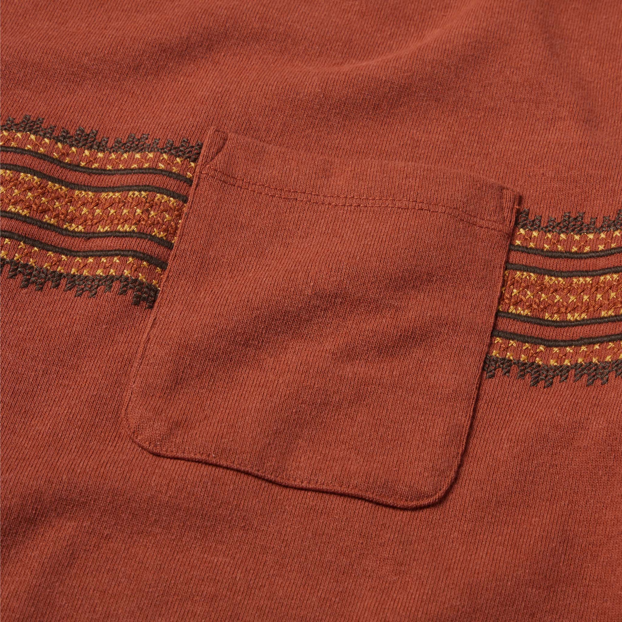 material shot of the chest pocket on The Heavy Bag Tee in Dusty Rose Embroidered Stripe, Knits by Taylor Stitch