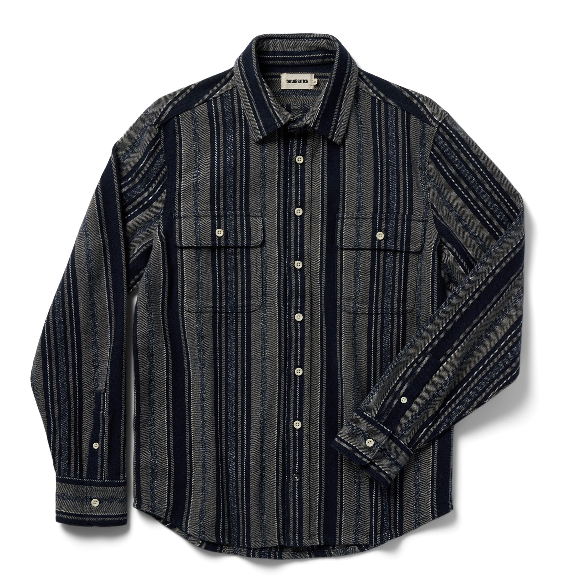 flatlay of The Ledge Shirt in Ocean Stripe, Wovens by Taylor Stitch