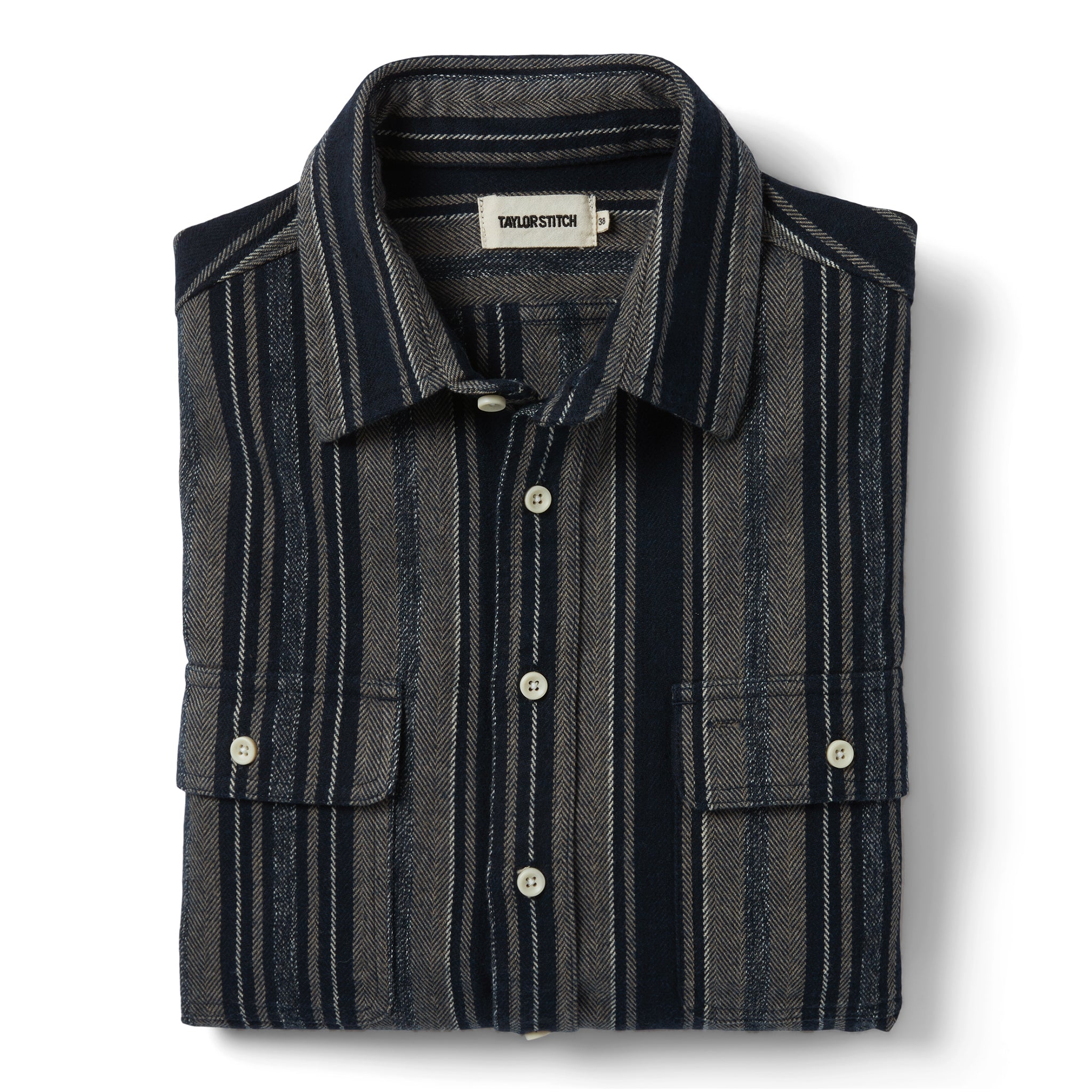 flatlay of The Ledge Shirt in Ocean Stripe, folded, Wovens by Taylor Stitch