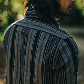 fit model wearing The Ledge Shirt in Ocean Stripe, from the back