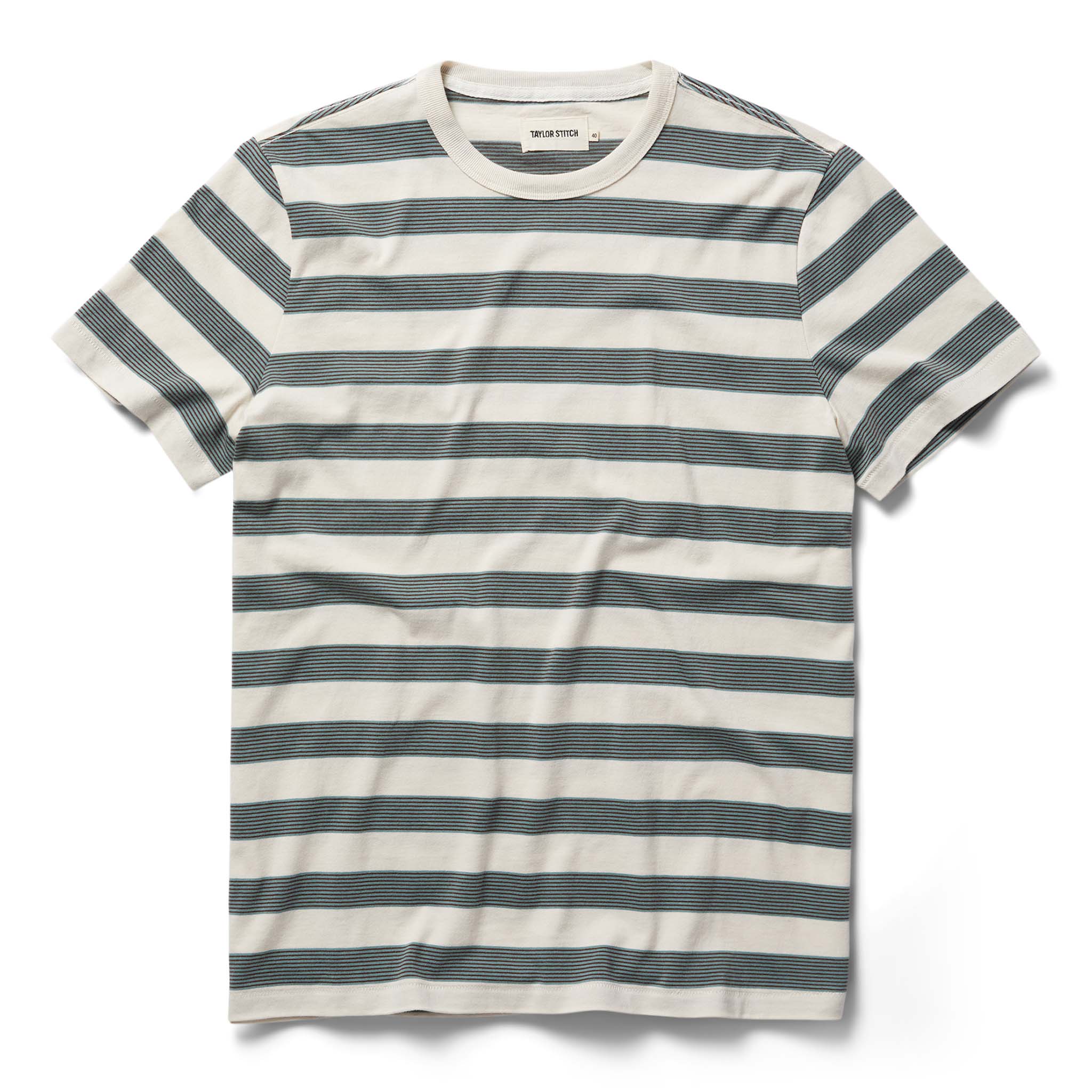 flatlay of The Organic Cotton Tee in Natural and Ocean Stripe, Knits by Taylor Stitch