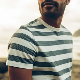 fit model wearing The Organic Cotton Tee in Natural and Ocean Stripe