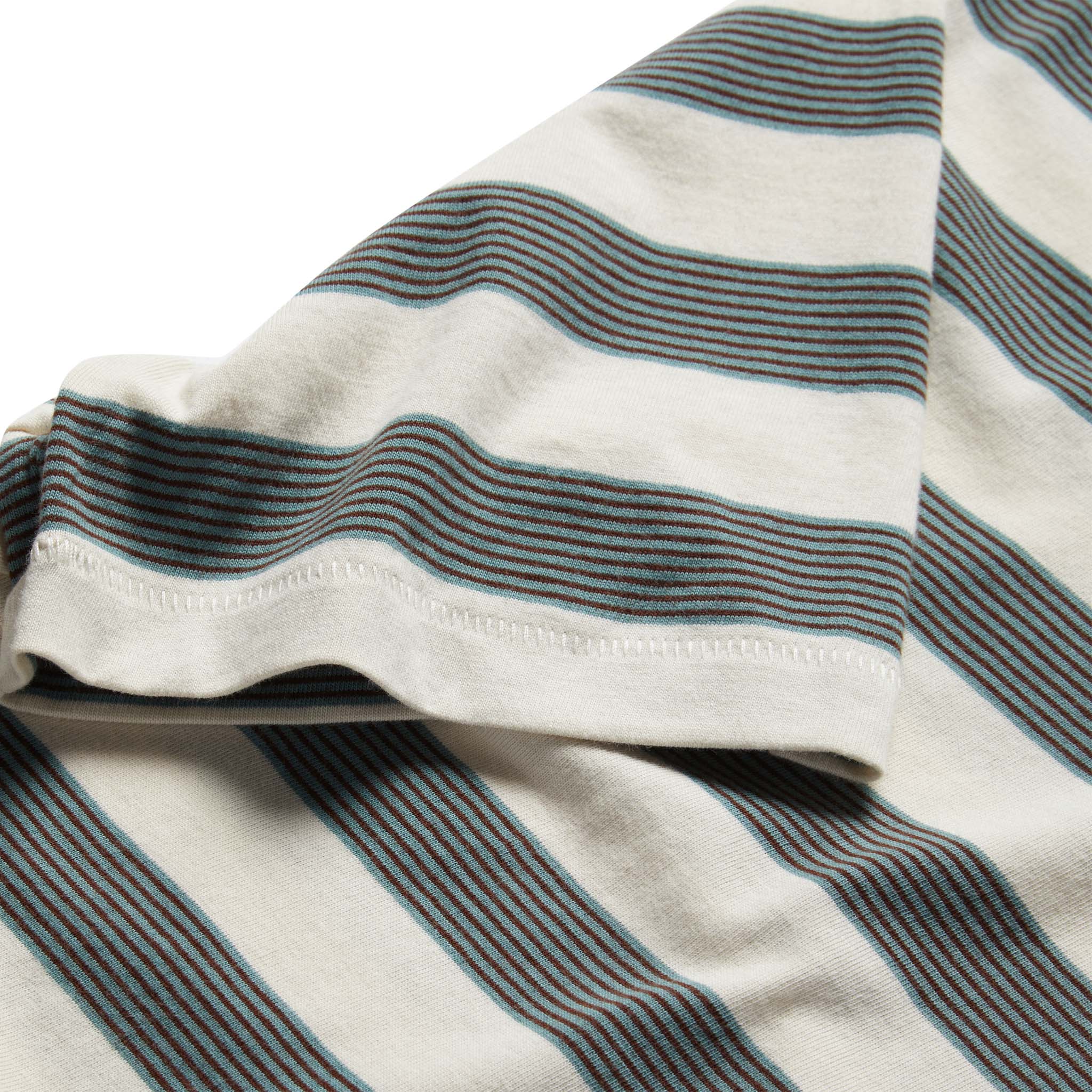 material shot of the sleeves on The Organic Cotton Tee in Natural and Ocean Stripe, Knits by Taylor Stitch